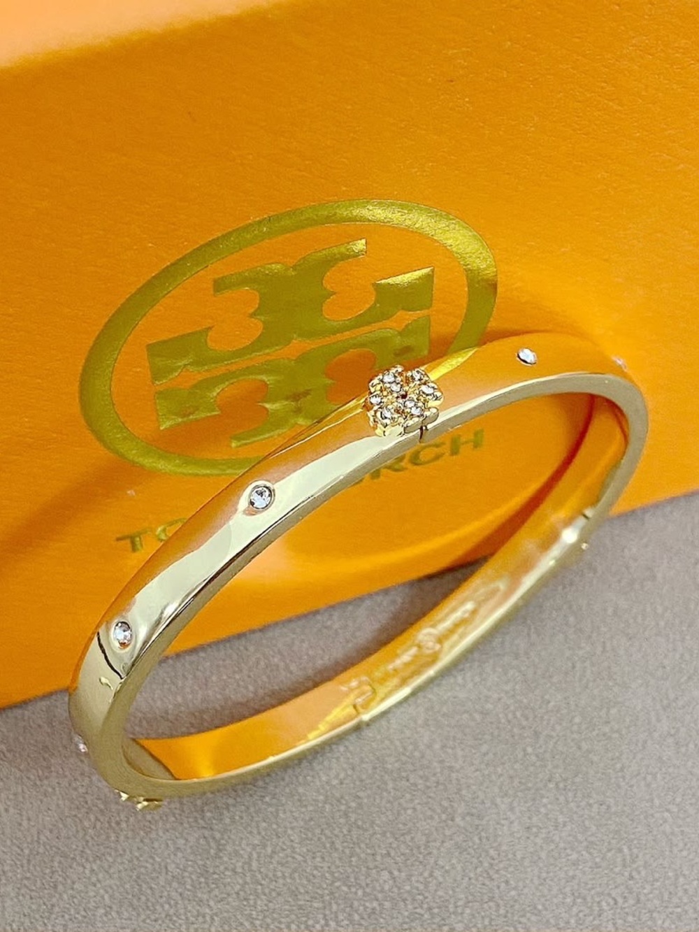 Tory Burch Gold Crystal-Stud Hinged Bangle Bracelet